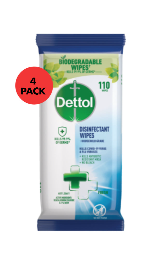 Dettol disinfectant fresh wipes 4 x 110pk
