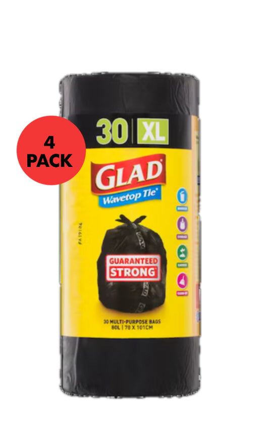 Glad wavetop XL 80L garbage bags 4 x 30pk