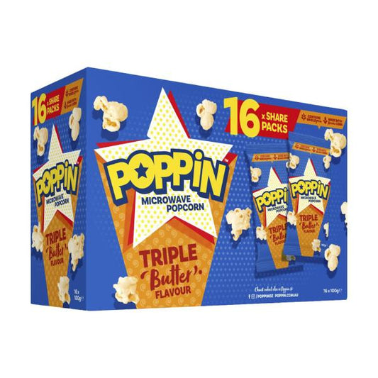 Poppin microwave popcorn triple butter 16x100g